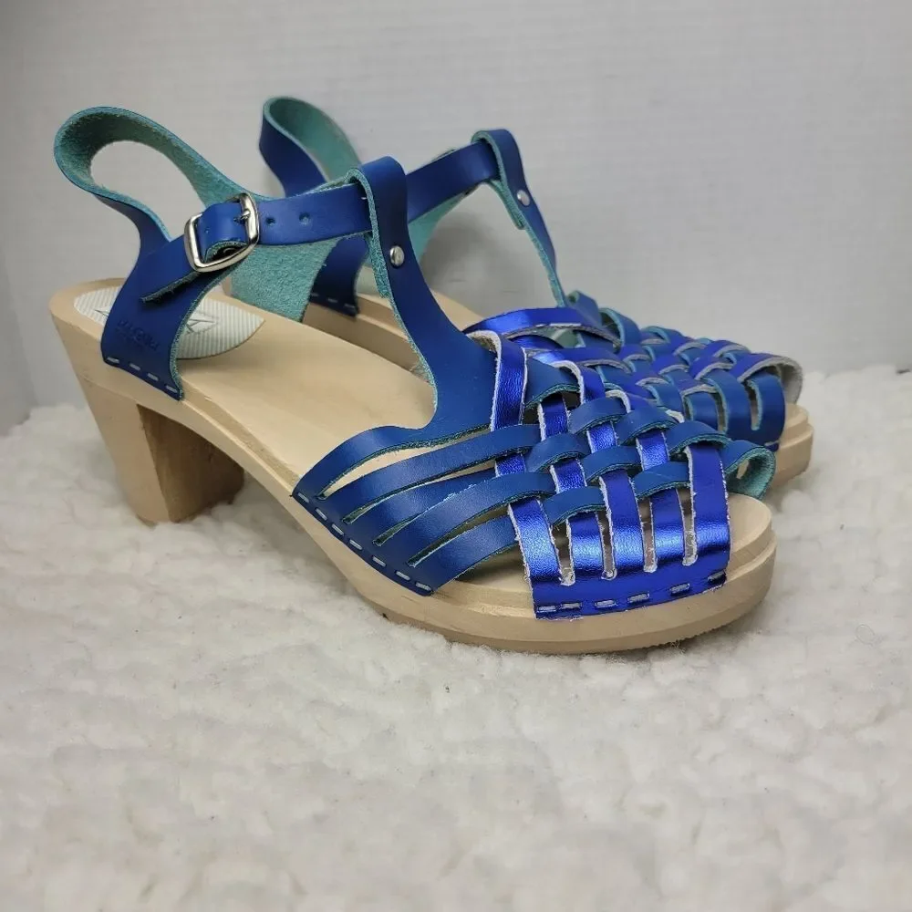 Maguba of Sweden Women's Wooden Heel  Shoes Size 11.5 Blue Strappy Leather