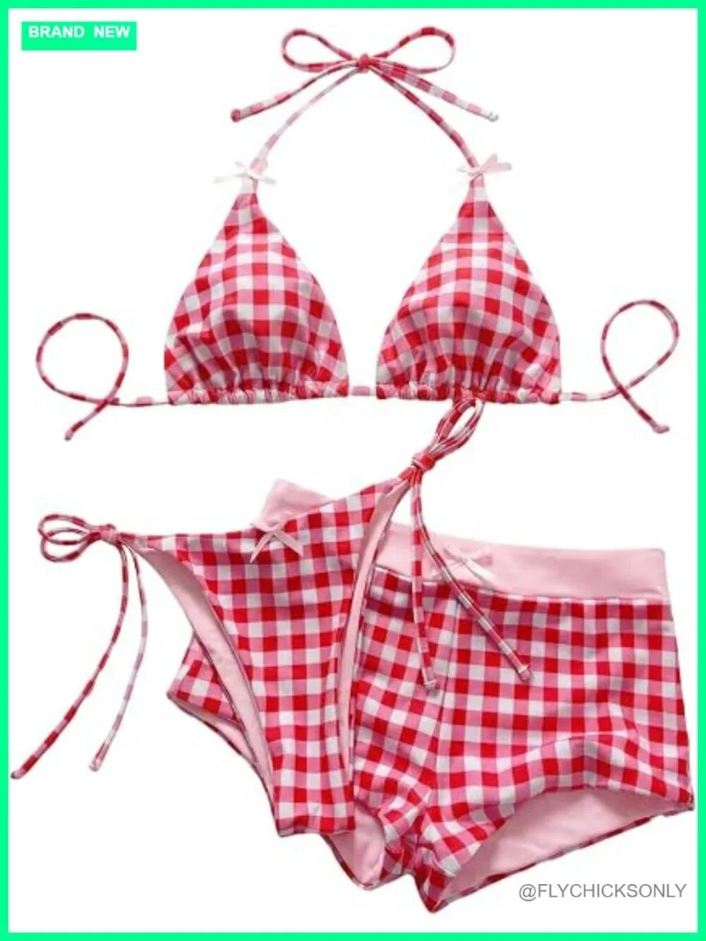 Gingham Bow String Bikini Set with Thong and Beach Shorts