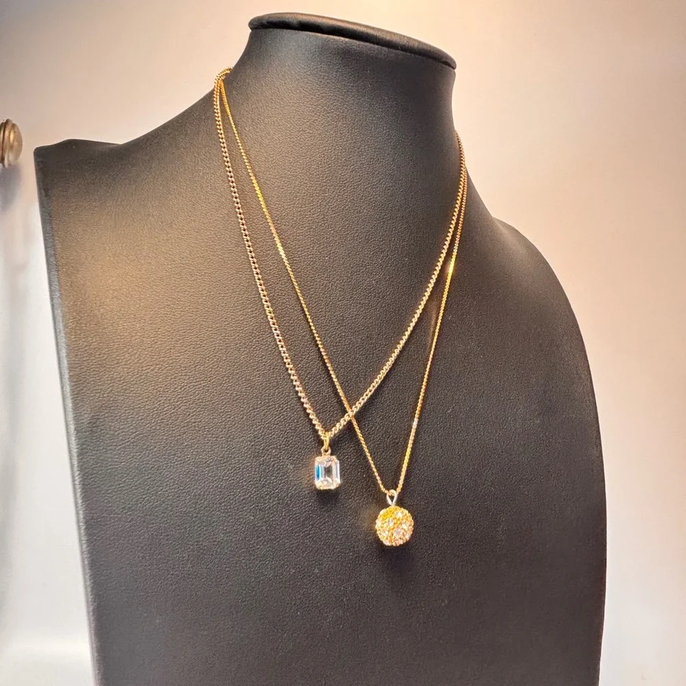 Vintage Necklace Set Gold Tone Crystal Emerald Cut Disco Ball Boho 90s