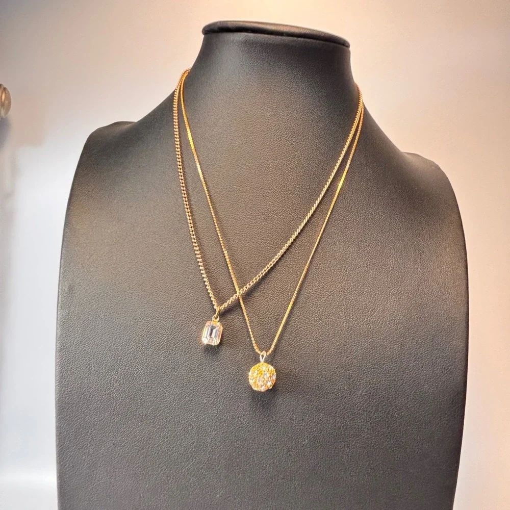 Vintage Necklace Set Gold Tone Crystal Emerald Cut Disco Ball Boho 90s