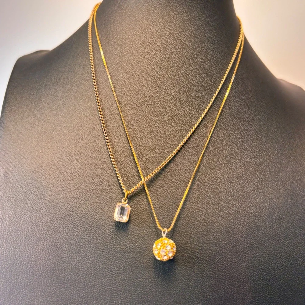 Vintage Necklace Set Gold Tone Crystal Emerald Cut Disco Ball Boho 90s