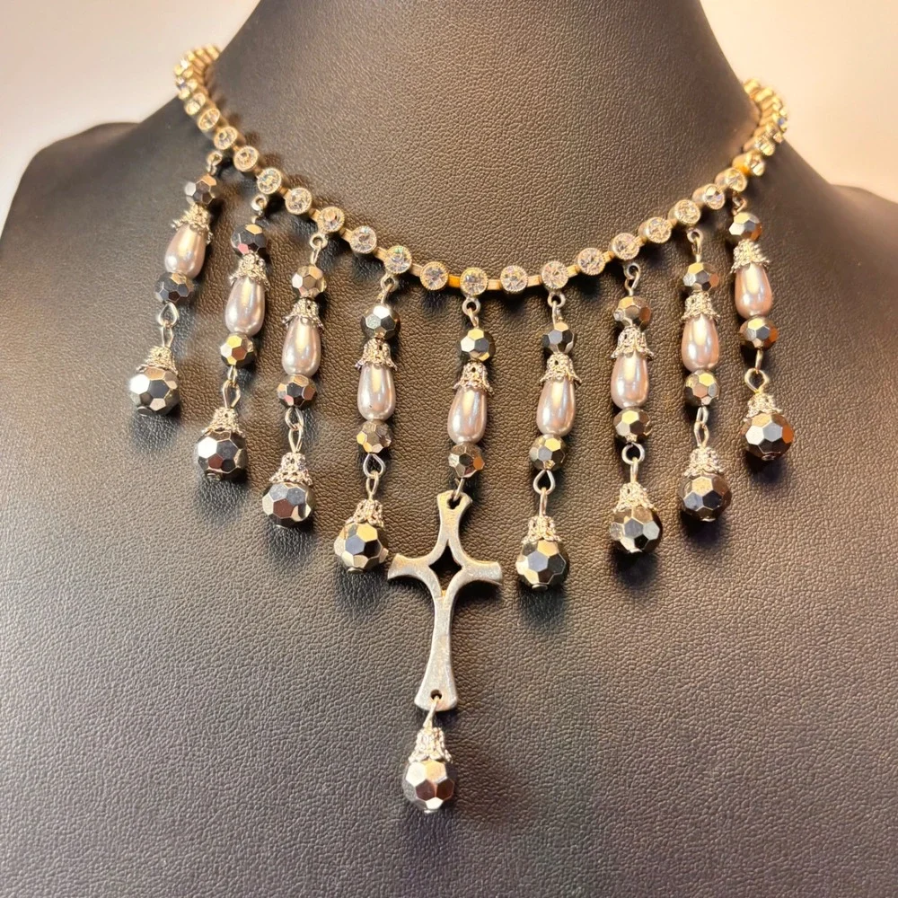 Vintage Cross Fringe Necklace Silver Pearl Rhinestone Goth Whimsygoth Statement