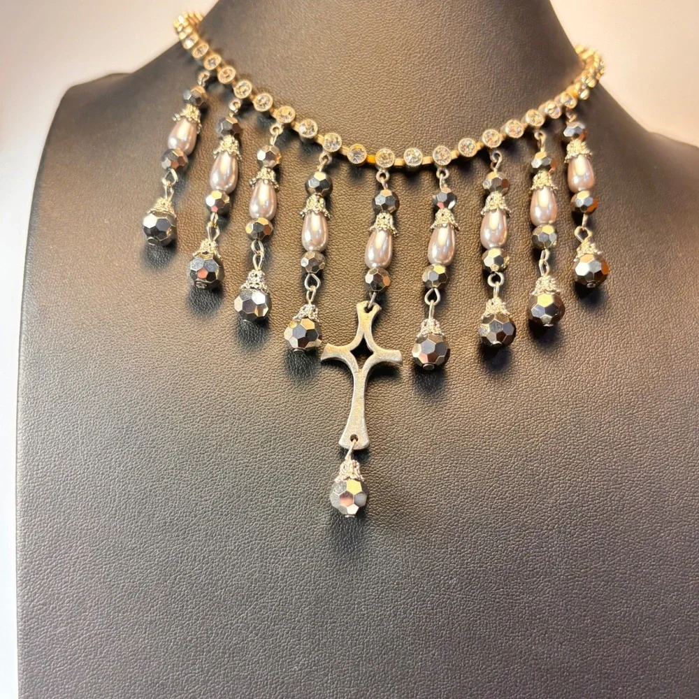 Vintage Cross Fringe Necklace Silver Pearl Rhinestone Goth Whimsygoth Statement