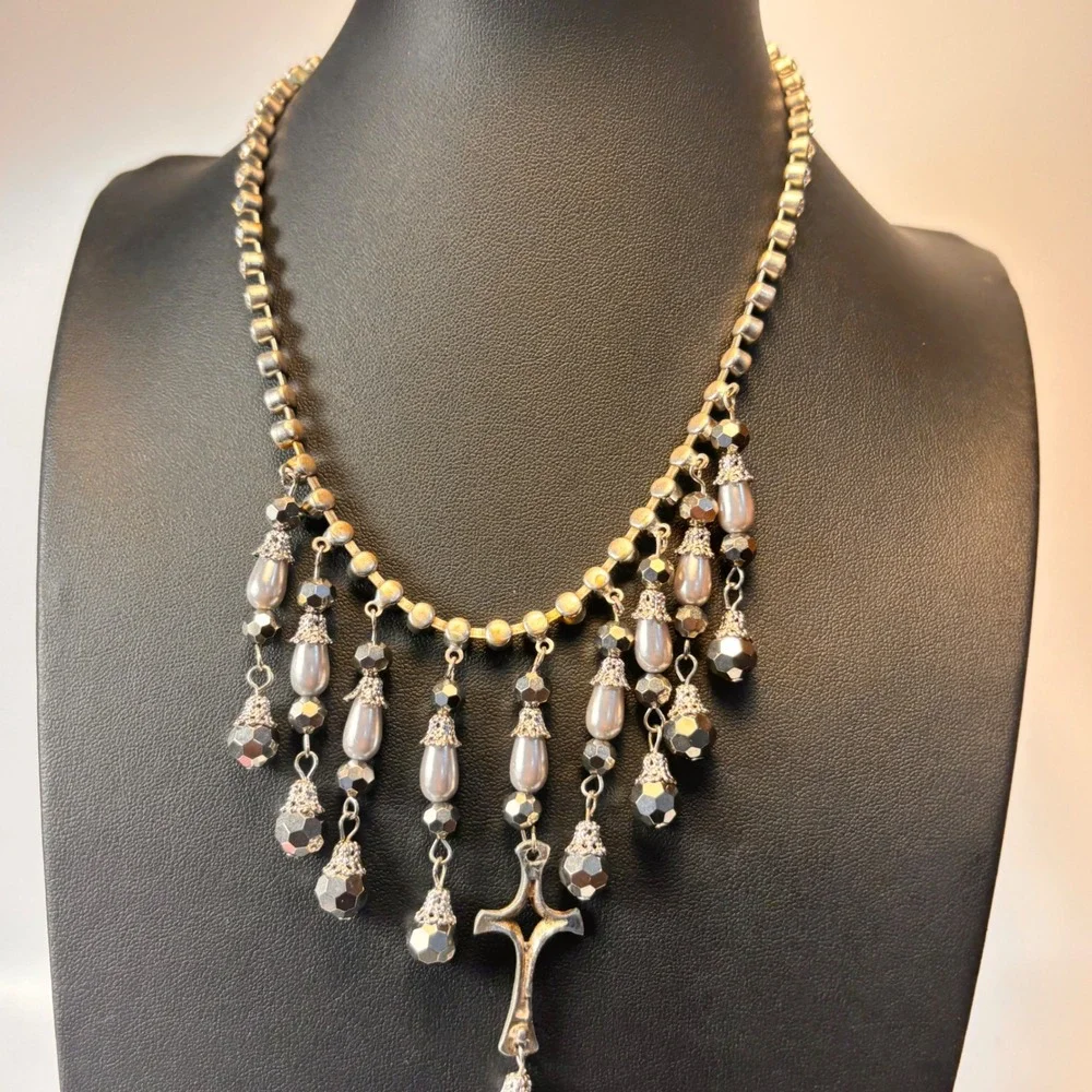 Vintage Cross Fringe Necklace Silver Pearl Rhinestone Goth Whimsygoth Statement