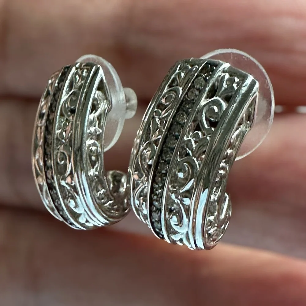 VTG Half Hoop Post Earrings 0.75 Inch Clear Rhinestones Ornate 925 Sterling 5.3g