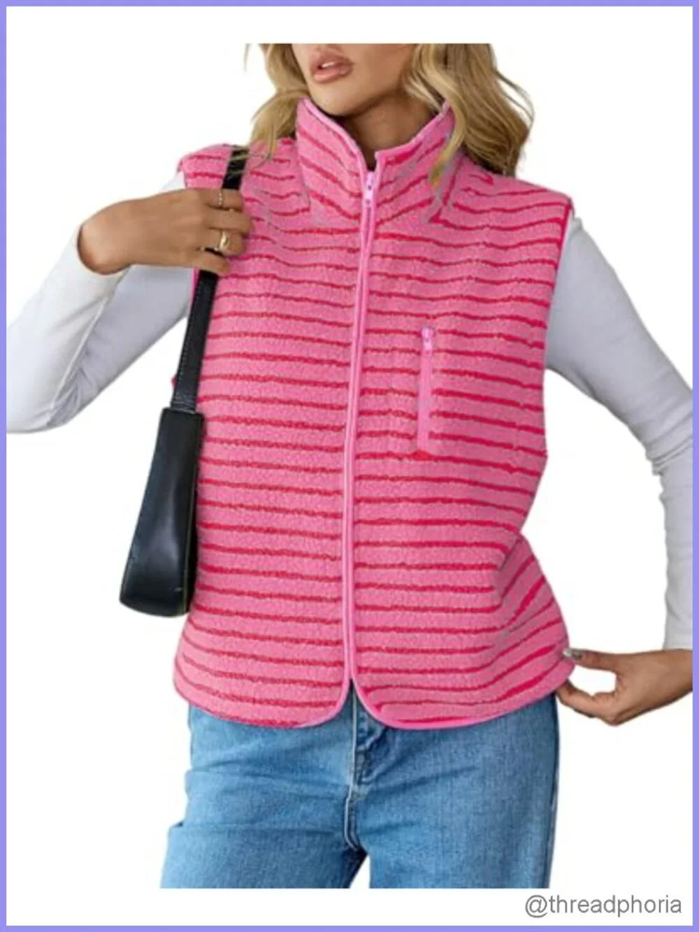 Women's Striped Fleece Sleeveless Vest High Neck Zipper Sherpa-Lined Pockets
