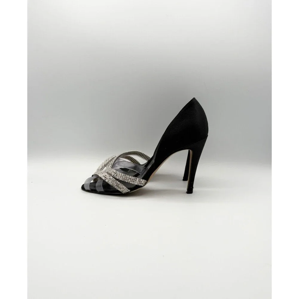 Manolo Blahnik Black Satin & Rhinestone Cross Strap Heels Size EU 38.5