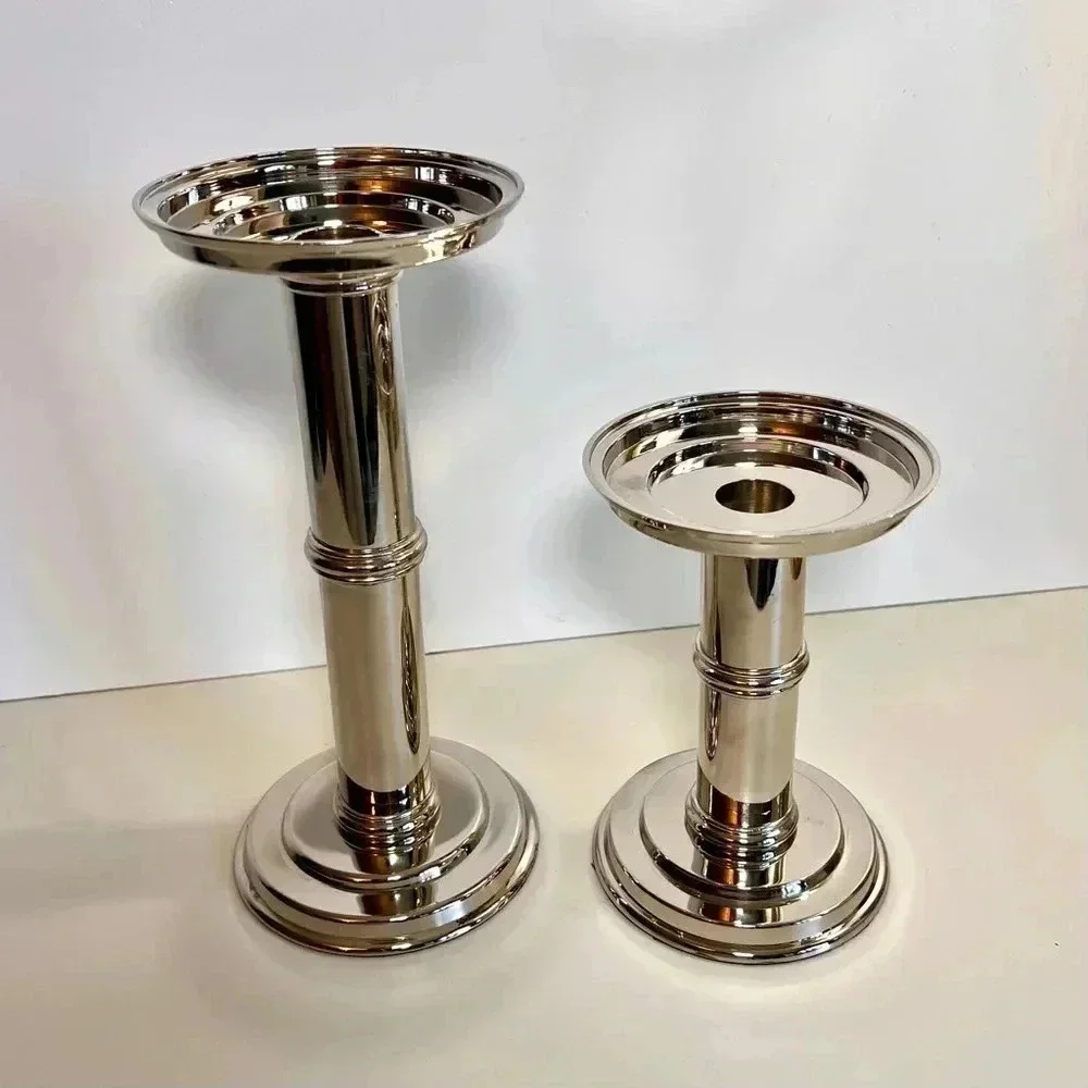 Silver Metal Pillar Taper Candlestick Holders Set of 2‎ Graduated Heights 9