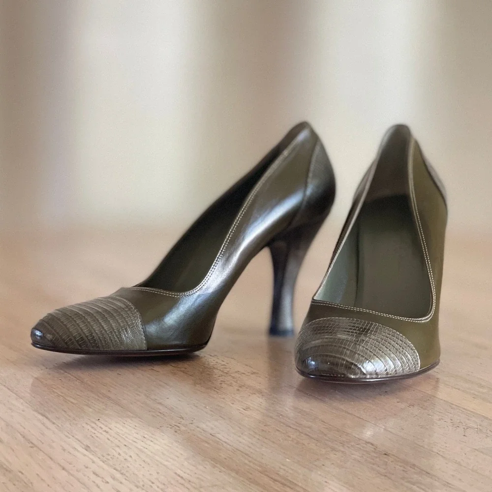 NWOB Cole Haan City Olive Green Leather Lizard Skin Pumps Made in Italy Size 9 B