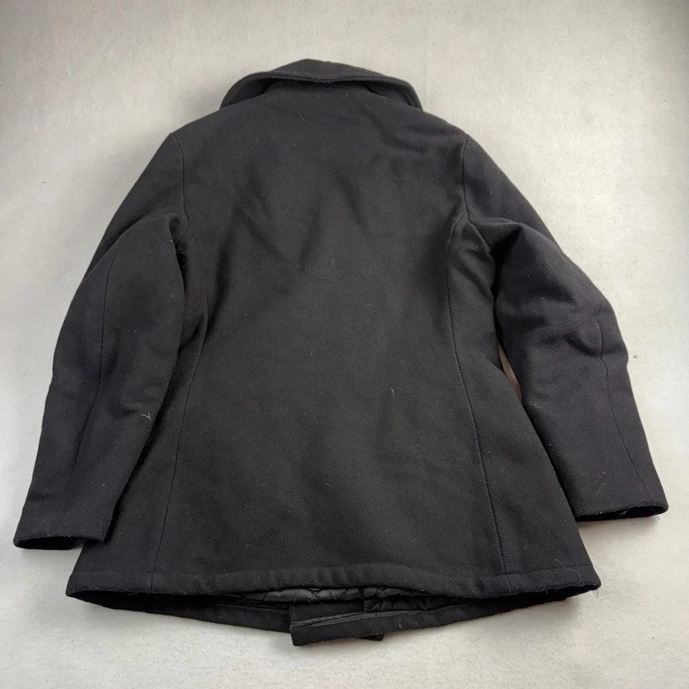 USN Woolrich Navy Pea Coat Black‎ Wool Double Breasted Anchor Button Size M
