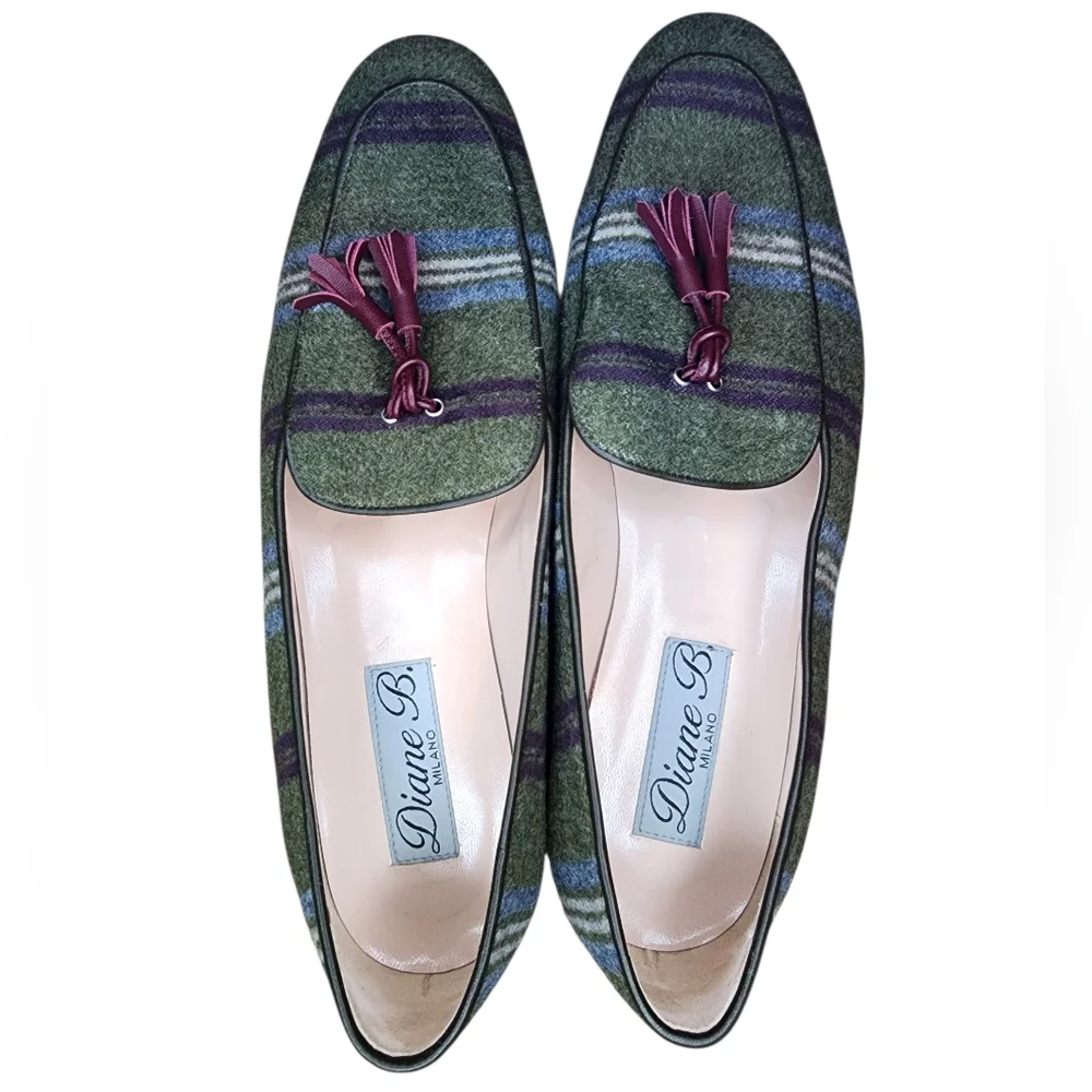 ​Diane B. Milano Italian Wool Striped Tassel Loafers - Green/Multi - Size 40