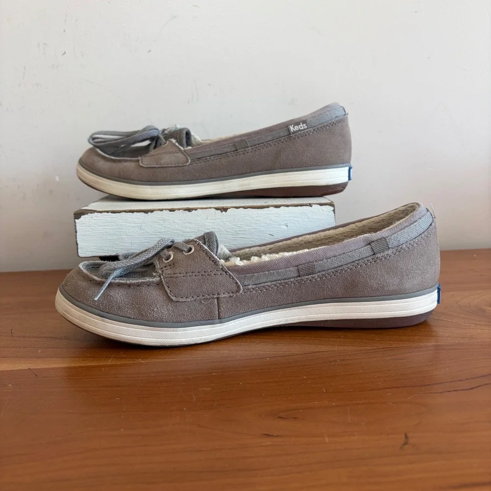 Keds Women Grey Suede Faux Fur Lined Boat Shoe Sneakers WH57280 Size 7