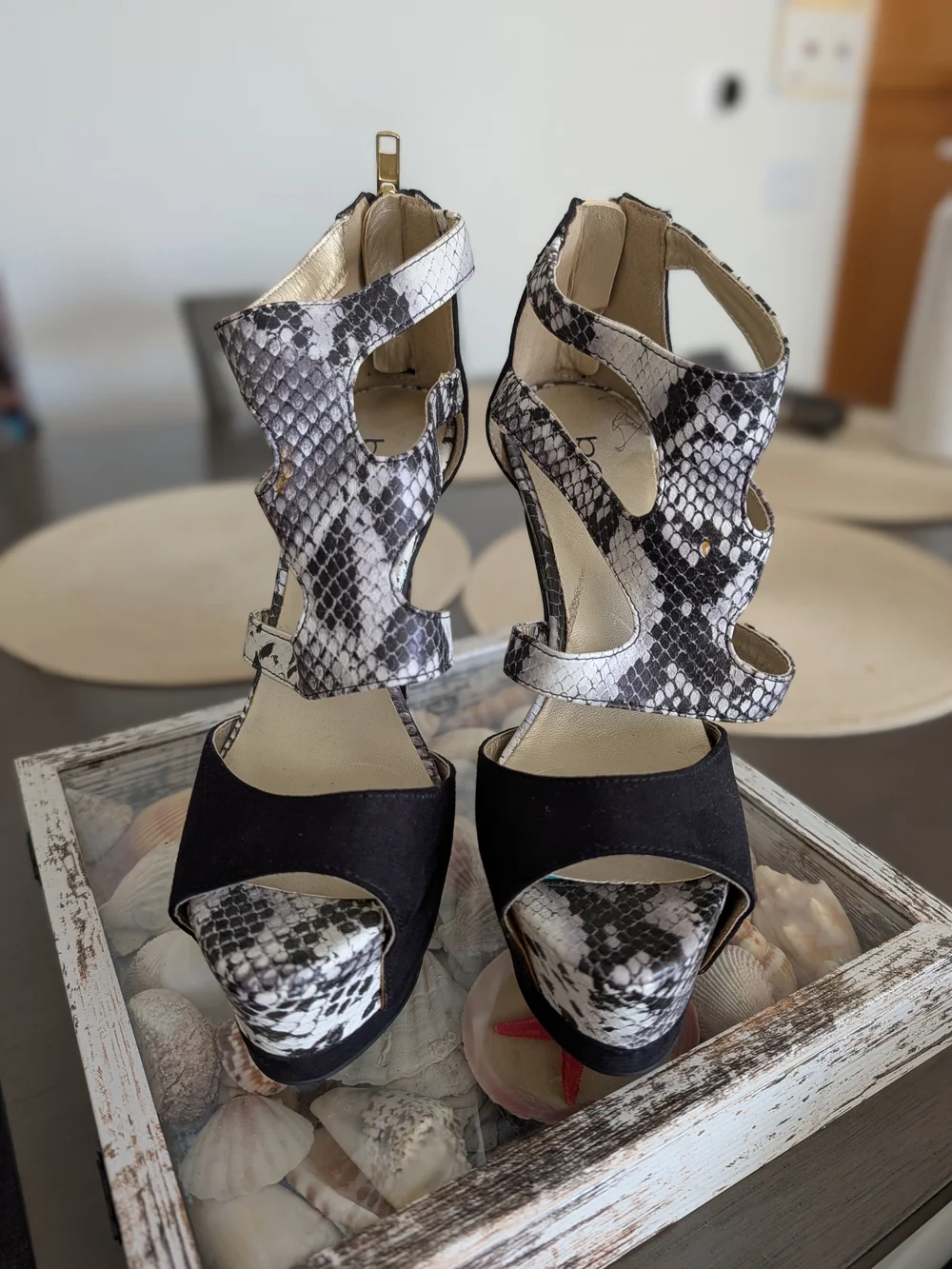 bebe Black & White Snake-Print Cutout High Heel Sandals