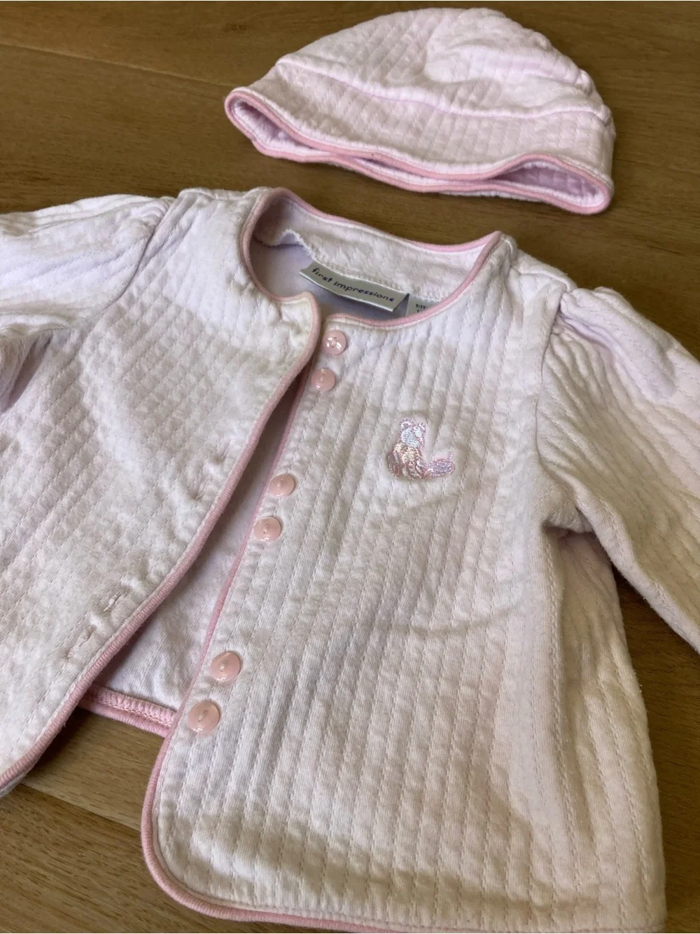 First Impressions Vintage Light Pink Quilted Baby Cardigan Jacket & Hat Set