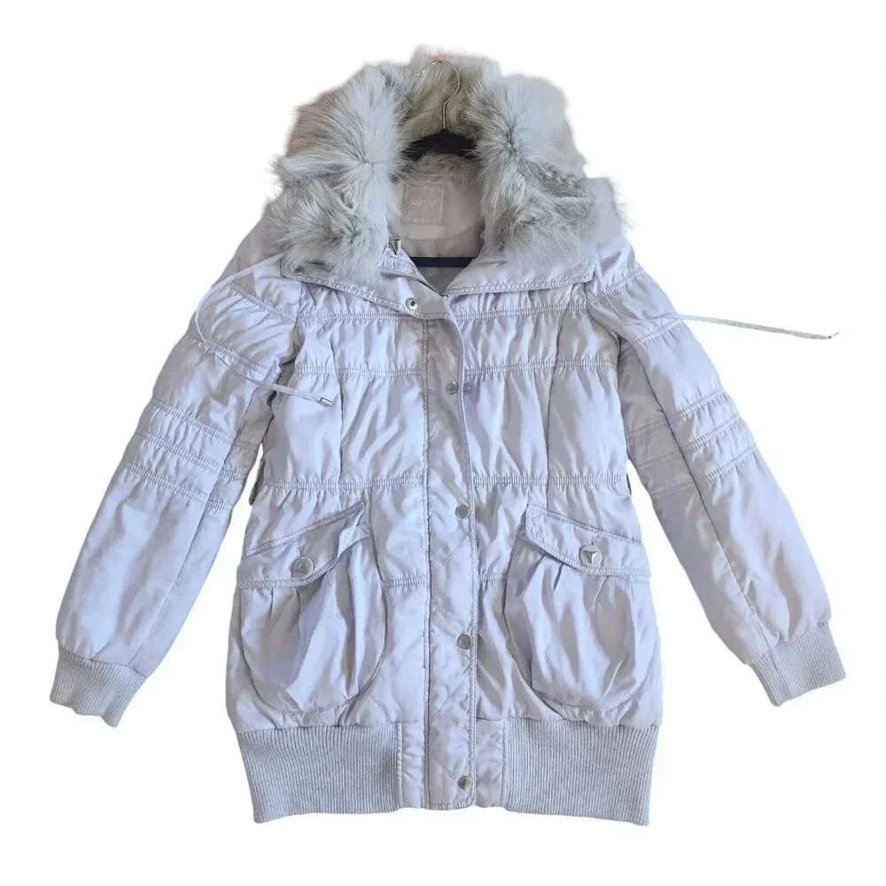 Naf Naf Silver Snap Front Zip Jacket Real Fur Detachable Packable Hood Small