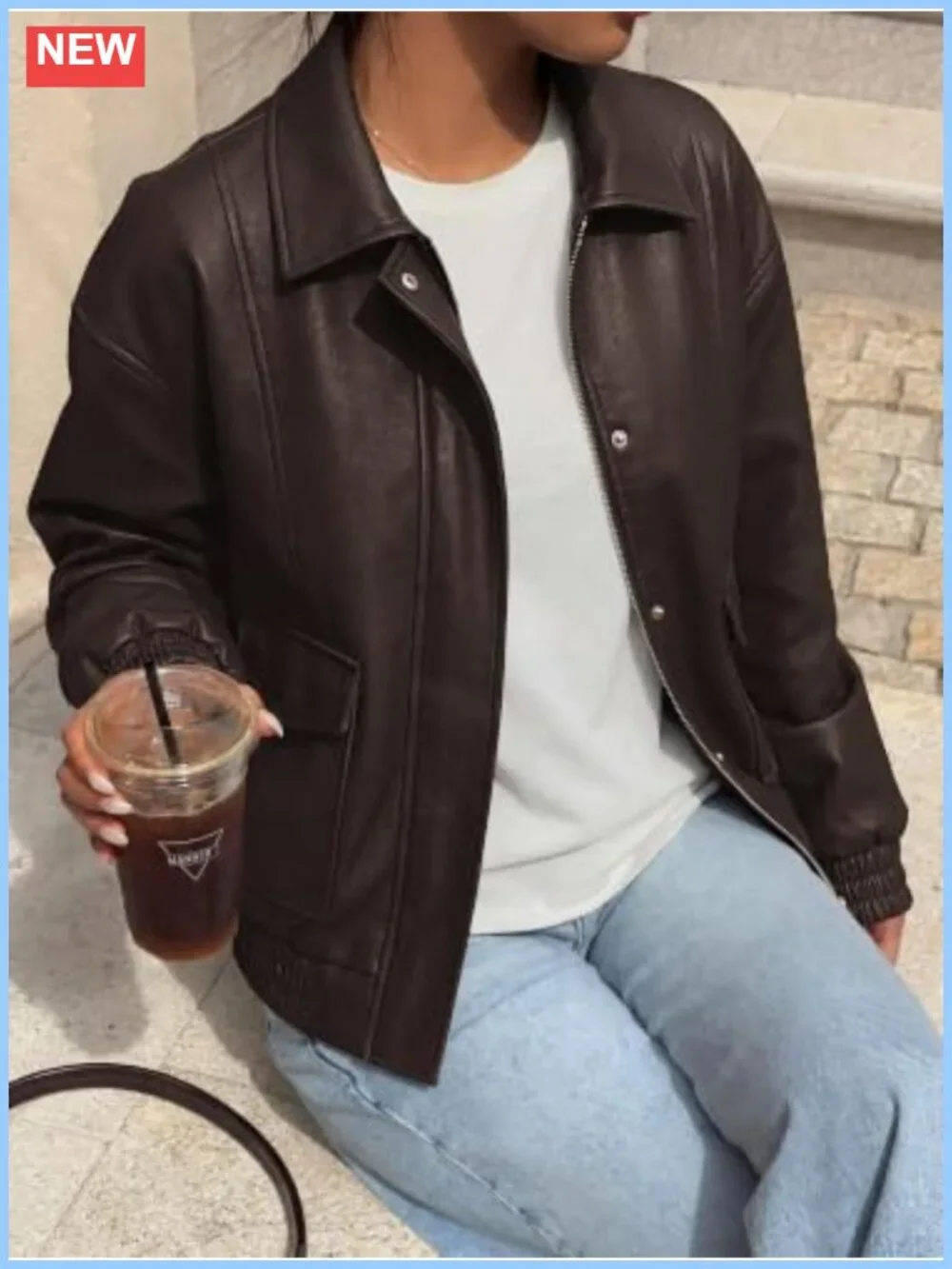Faux Leather Jacket Women Oversized Long Sleeve Snap Zipper Lapel Collar