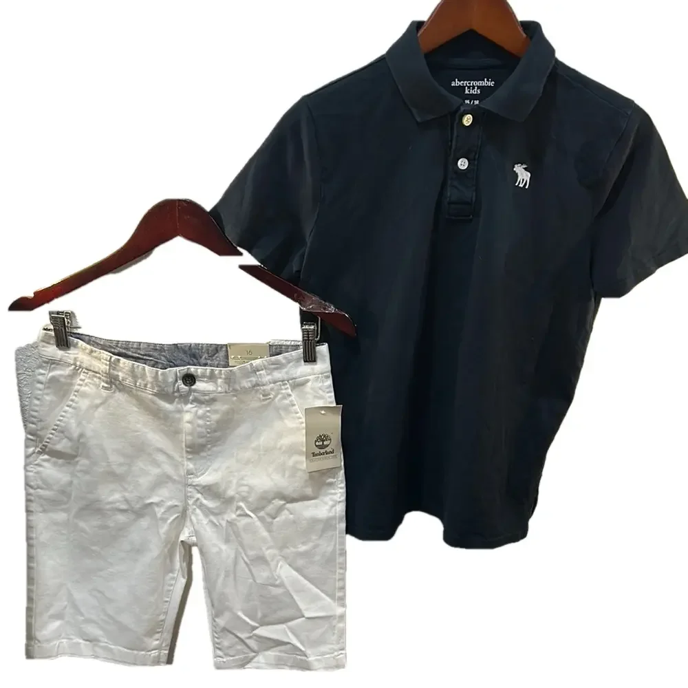 Abercrombie Black Polo Shirt and Timberland White Shorts Set size 16Boys set GUC