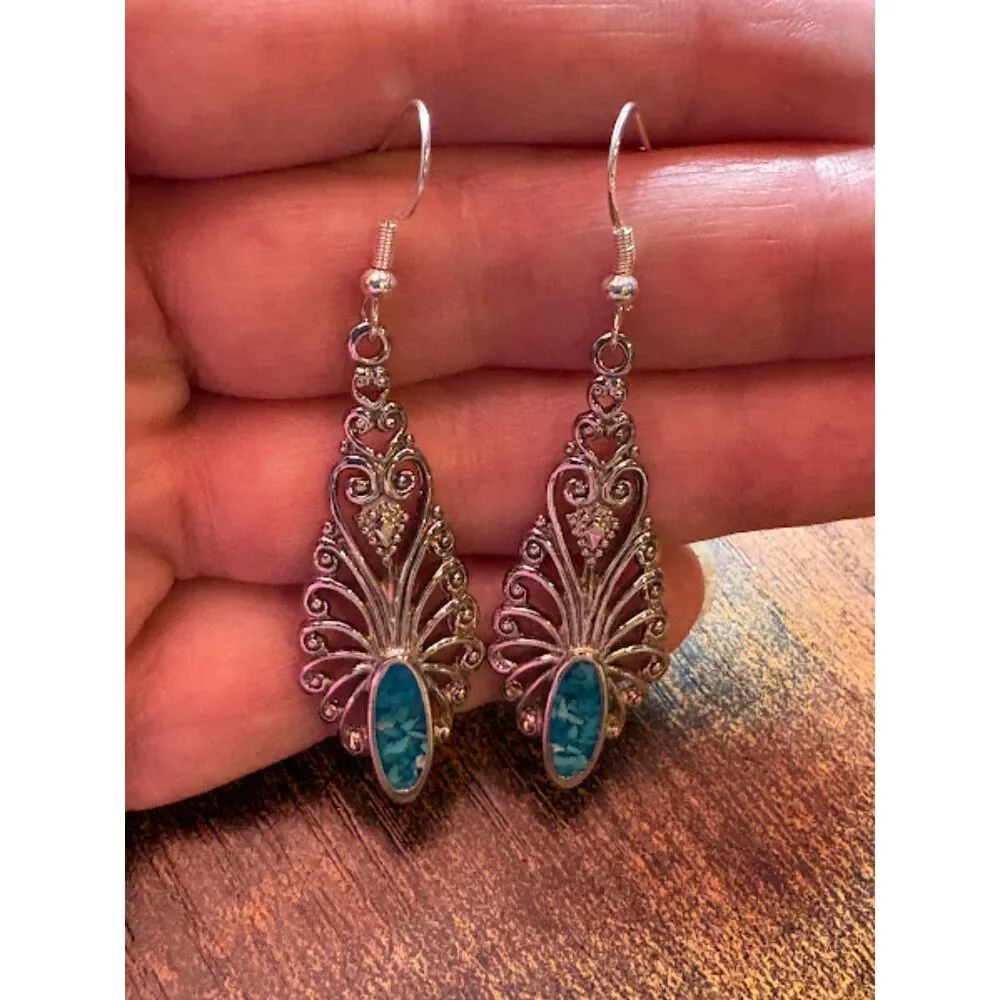 Intricate S925 Vintage Filigree Silver and Blue Marble  Earrings