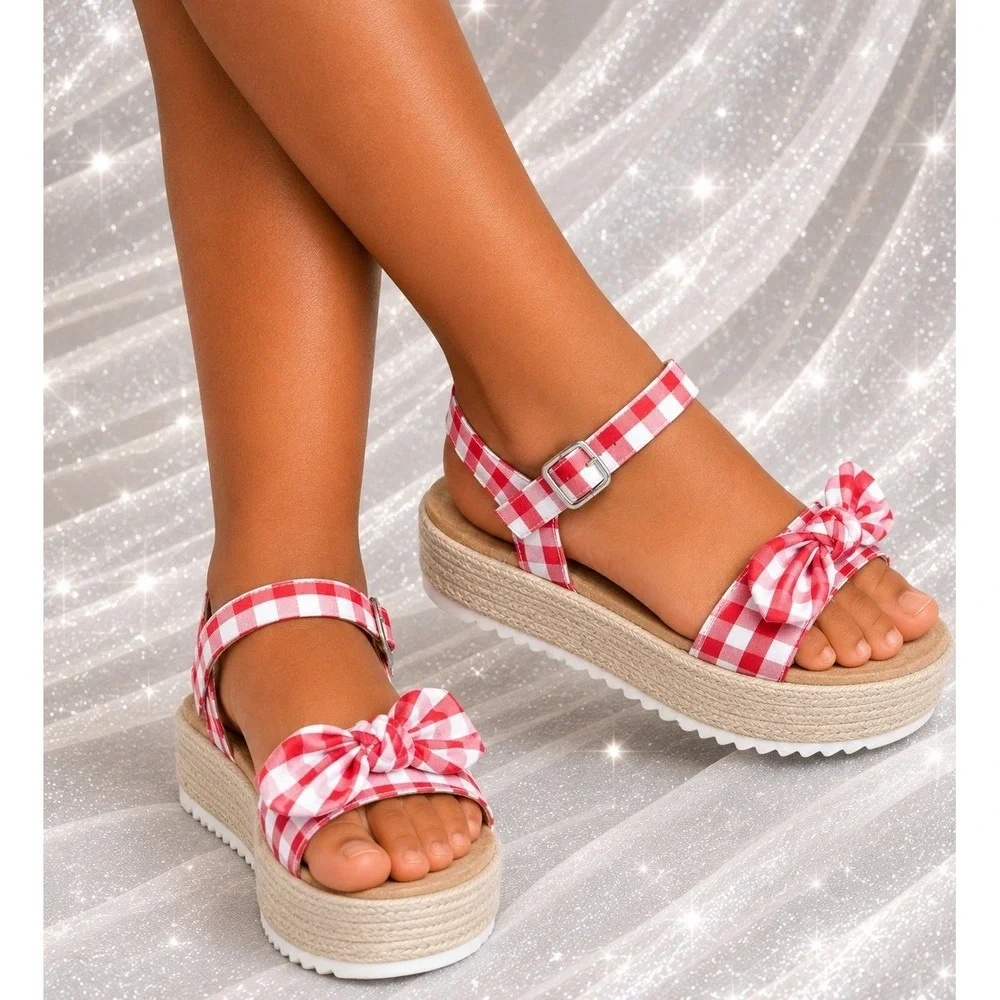 Big Girls Sandals by Cat & Jack Daphne Gingham‎ Red Size 5 New With Tags