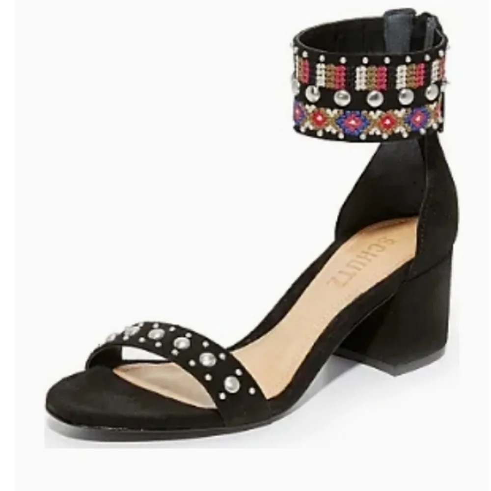 SCHULTZ Studded Embroidered Ankle Strap Chunky Low Heel Sandals
