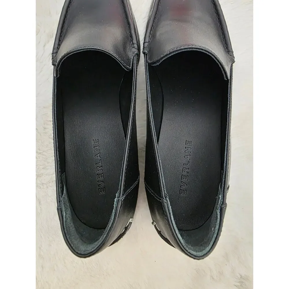 Everlane The Modern Classic Black Leather Slip On Loafers Stacked Heel Size 7.5