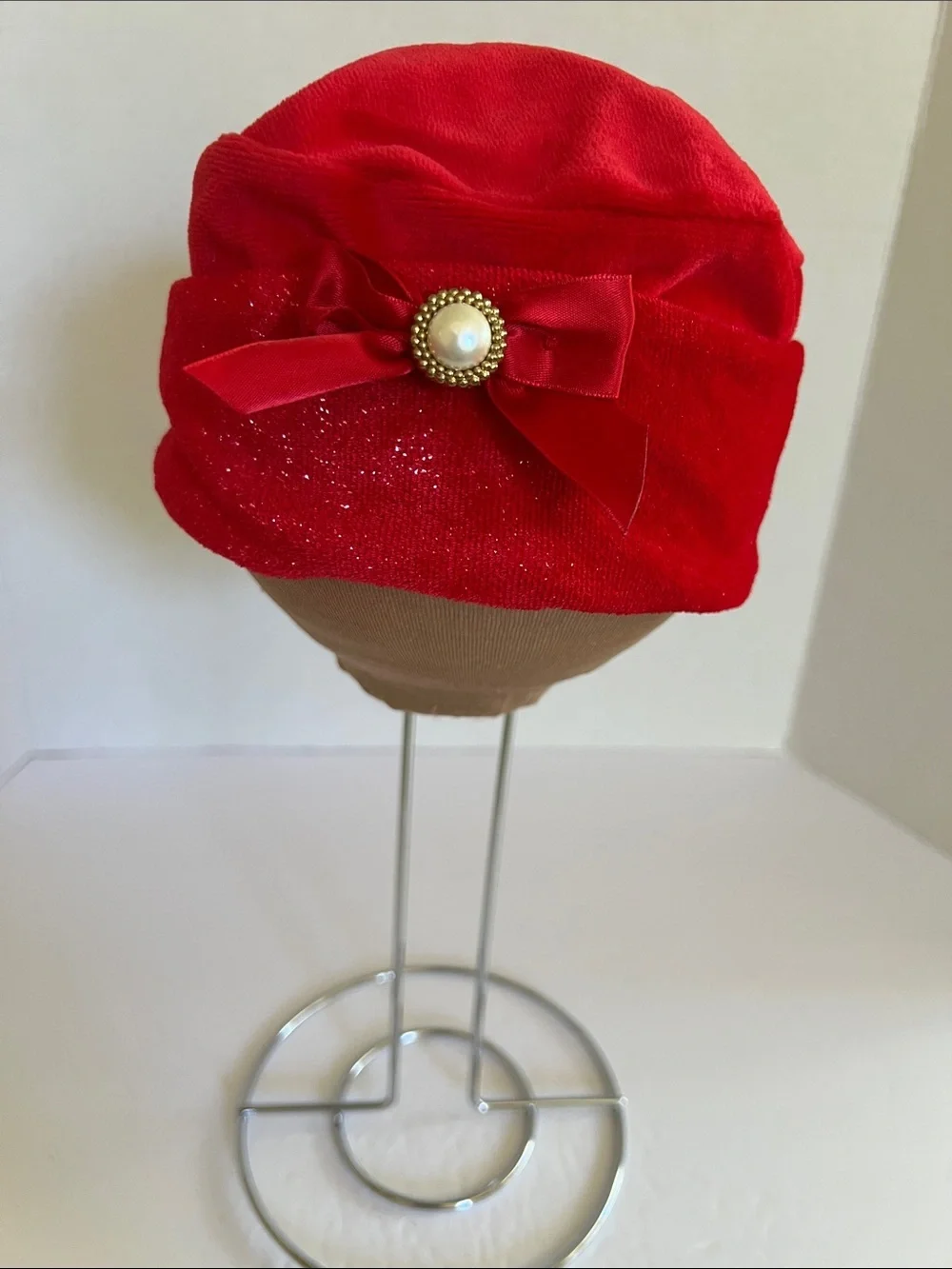 Kids Red Velvet Bow Accent Hat with Pearl Button​