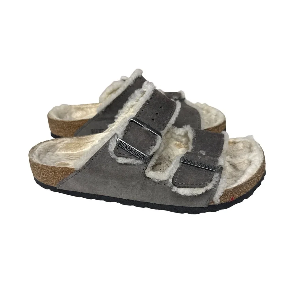 Birkenstock Arizona Shearling Sandals Womens 38 Gray Suede Double Strap Comfort