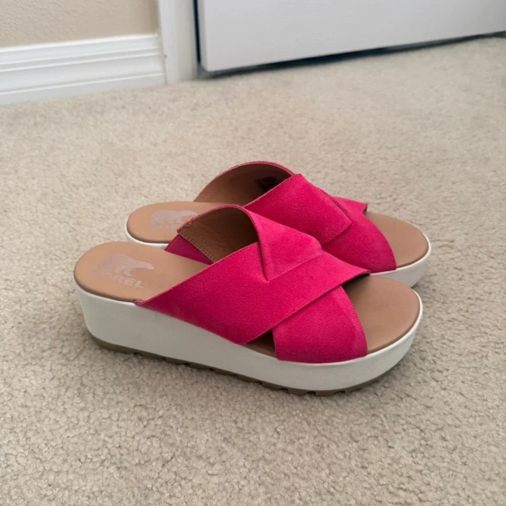 Sorel Cameron Flatform Slide Sandals Pink Suede Womens 9 Platform Summer‎