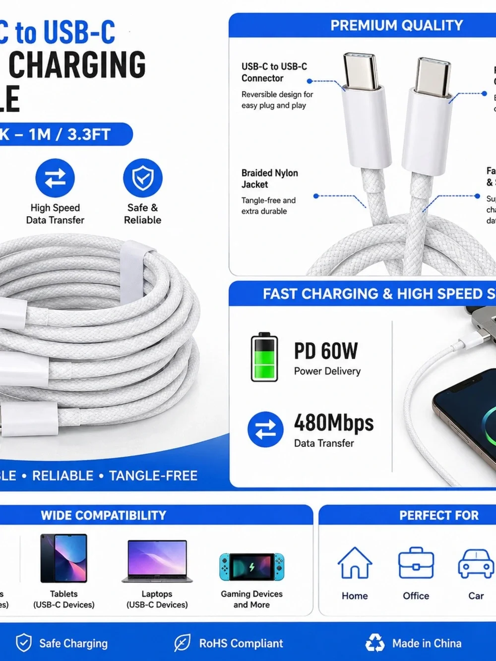 Braided USB-C to USB-C Fast Charging Cables - 4 Pack (White)