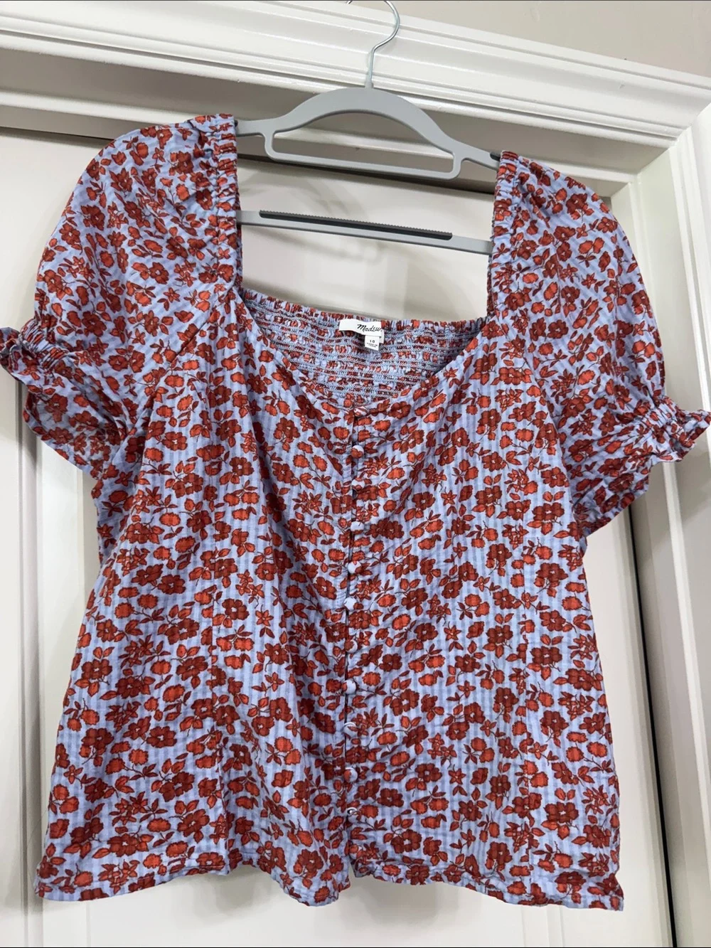 Madewell Light Blue Top with Red Floral Print and Puff Sleeves