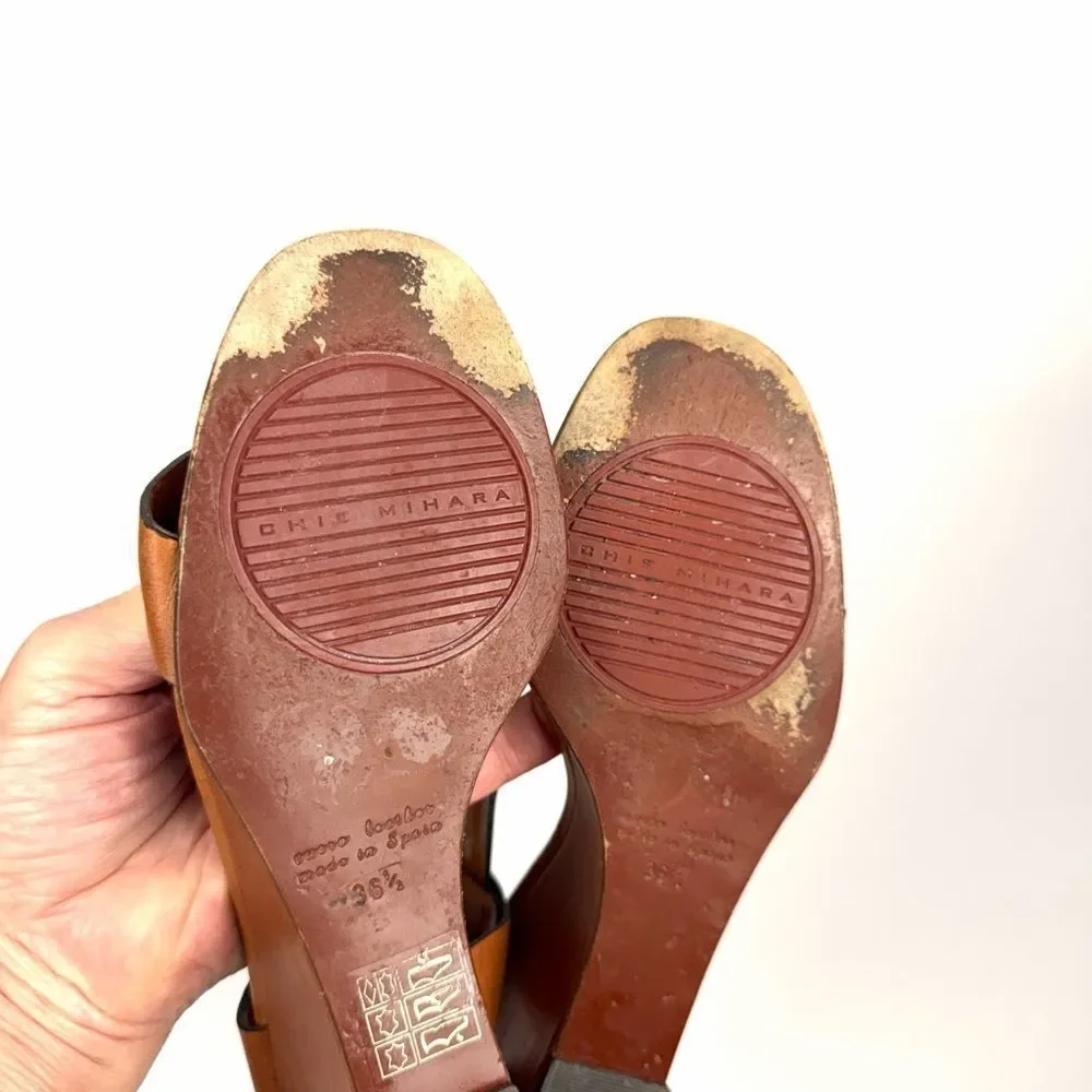 CHIE MIHARA Wedge High Heels Sandals Cognac Leather T-strap size 36,5 US 6,5