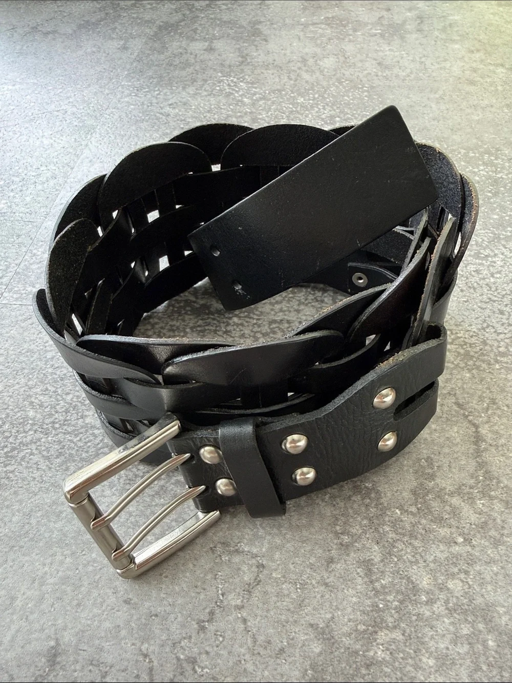 Club Monaco Black Woven Leather Womans's Belt with Silver Buckle