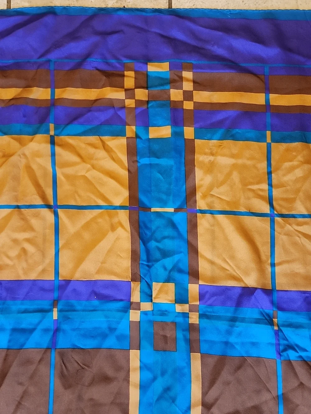 Vtg Made In Italy Blue, Purple & Gold Geometric Silk Scarf 30 X 30
