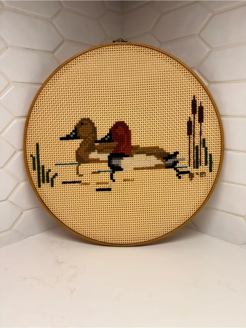 Vtg cross-stitched duck hanger