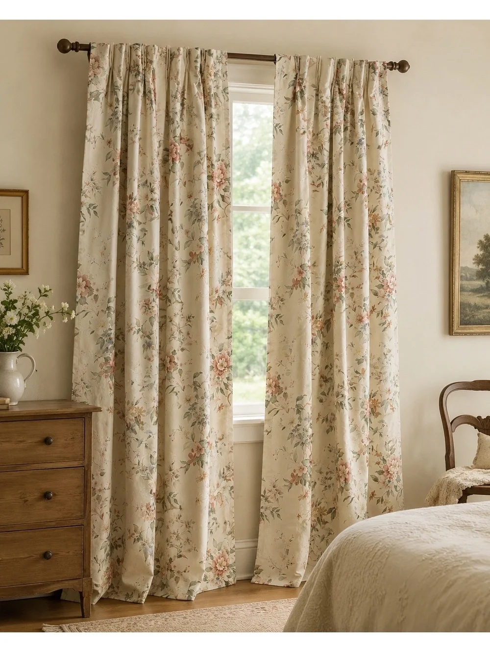 Vintage Burlington House Floral Pinch Pleat Curtain Panel 82 Long Cottage Drapes