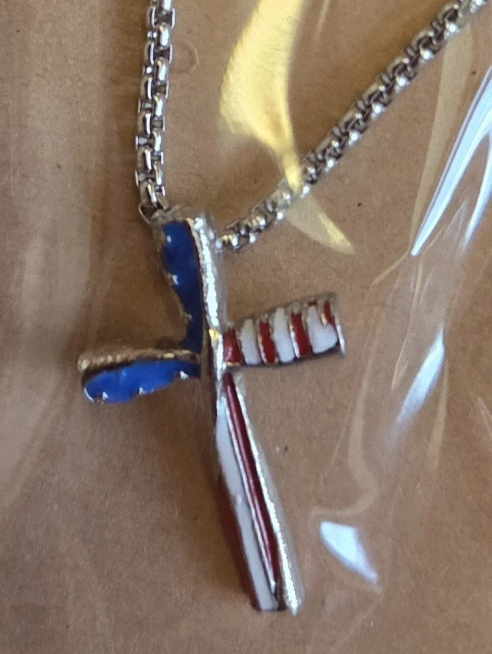 Unisex Silver Cross Pendant Necklace with Red, White & Blue Enamel