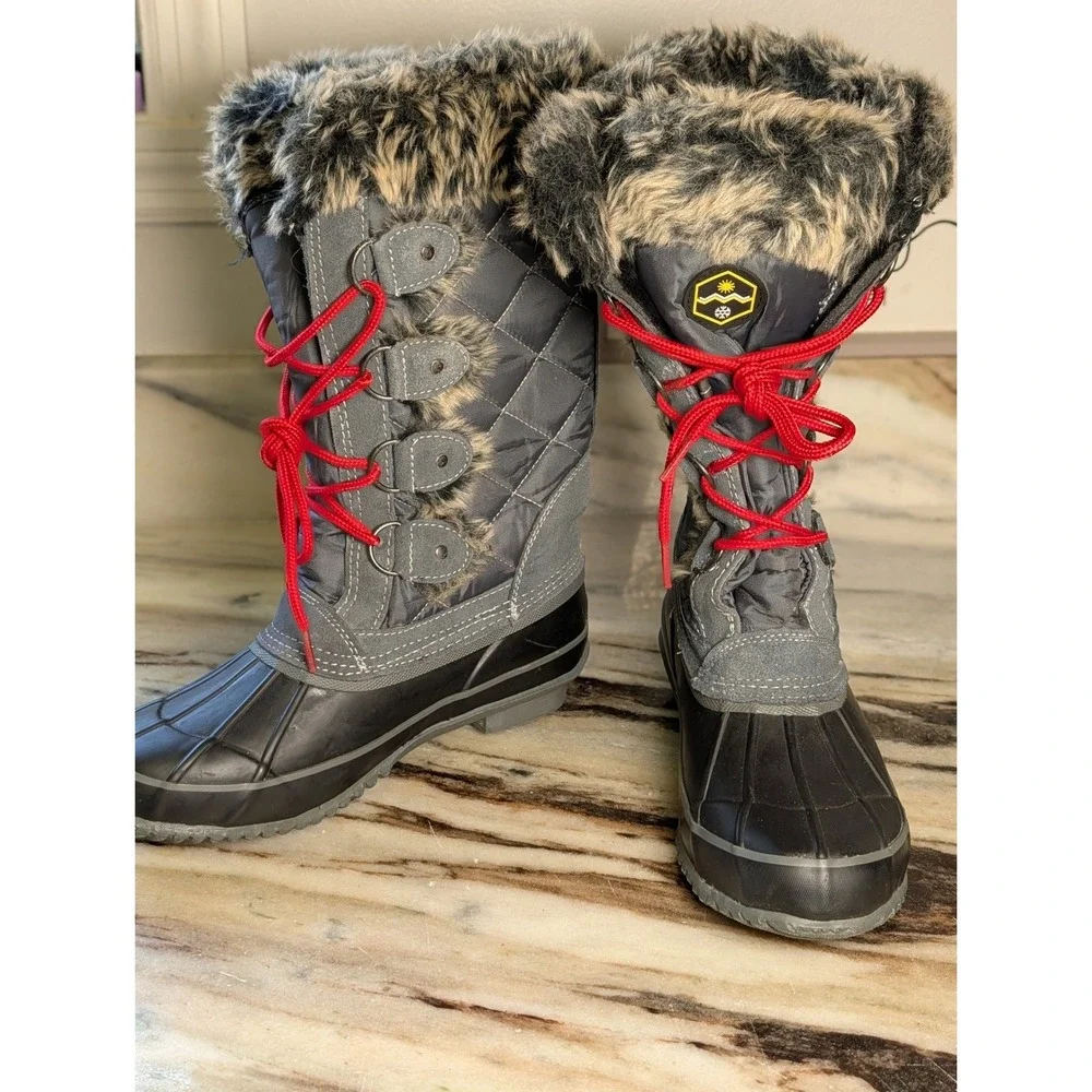 Womens Gray Black Quilted Faux Fur Trim Snow Duck‎ Boots Size 7B Waterproof Cold