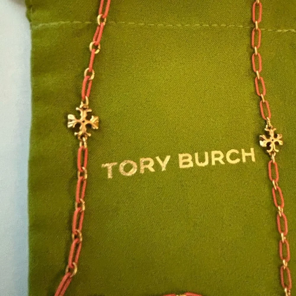 Tory Burch Rose Gold Chain Necklace with Gold Logo Accents