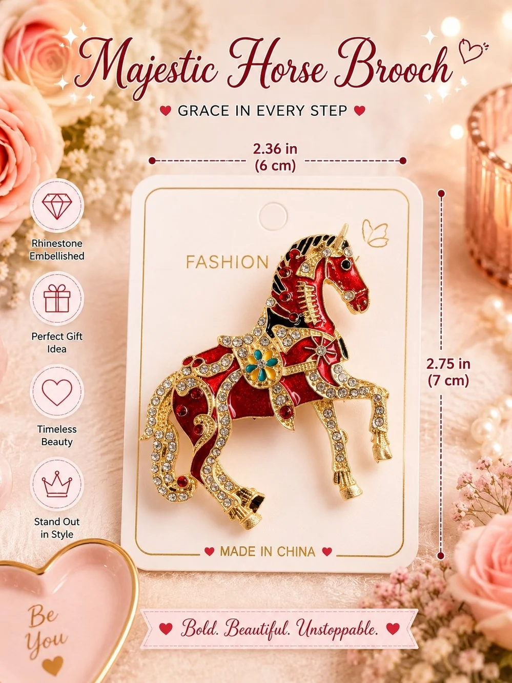 Majestic Horse Brooch - Red & Gold Rhinestone Enamel Pin