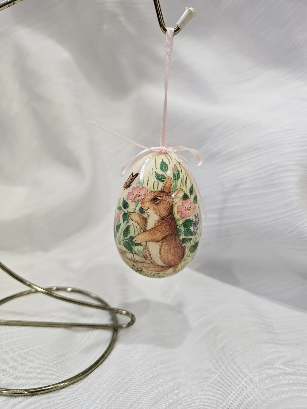 Vintage Paper Mache Bunny Floral Easter Hanging Egg Ornament - Pink Ribbon