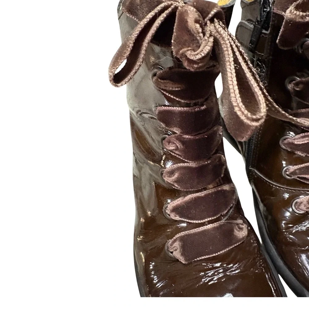 Mod8 Patent Leather Boots Kids Size 30 Brown‎ Good Velvet Ribbon Lace Zip Combat
