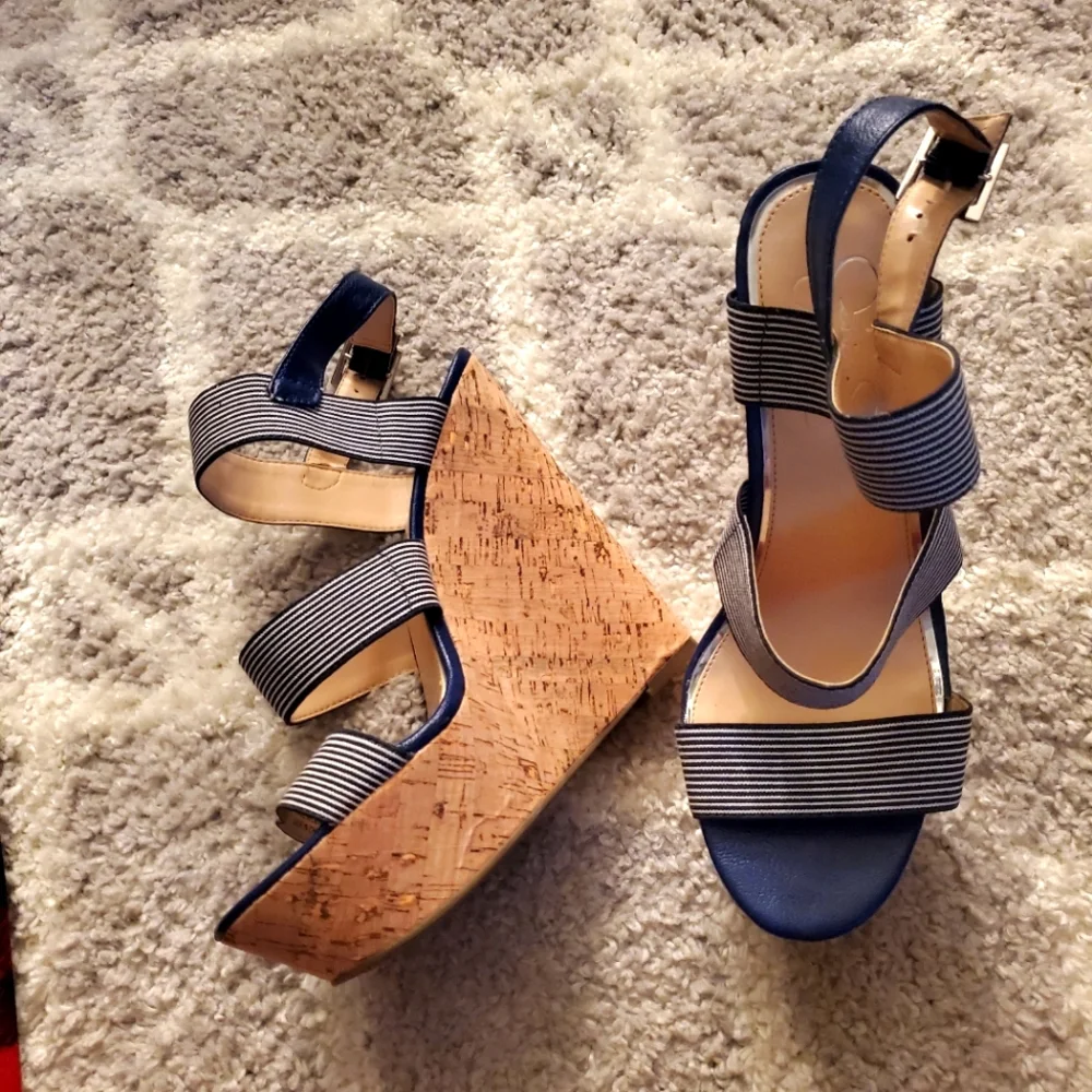 Navy Blue Striped Wedge Sandals