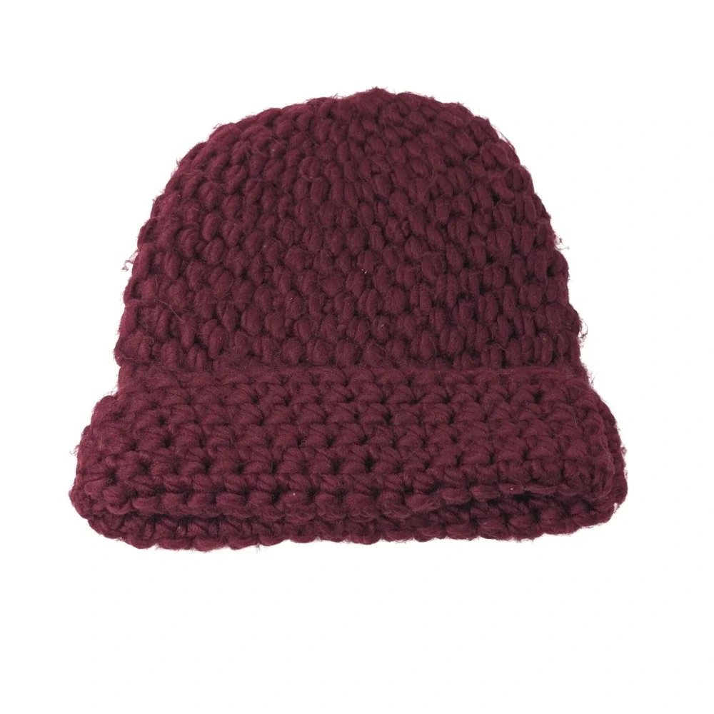 Anne Klein Burgundy Chunky‎ Knit Cuffed Beanie Hat Acrylic Winter Cap Grannycore