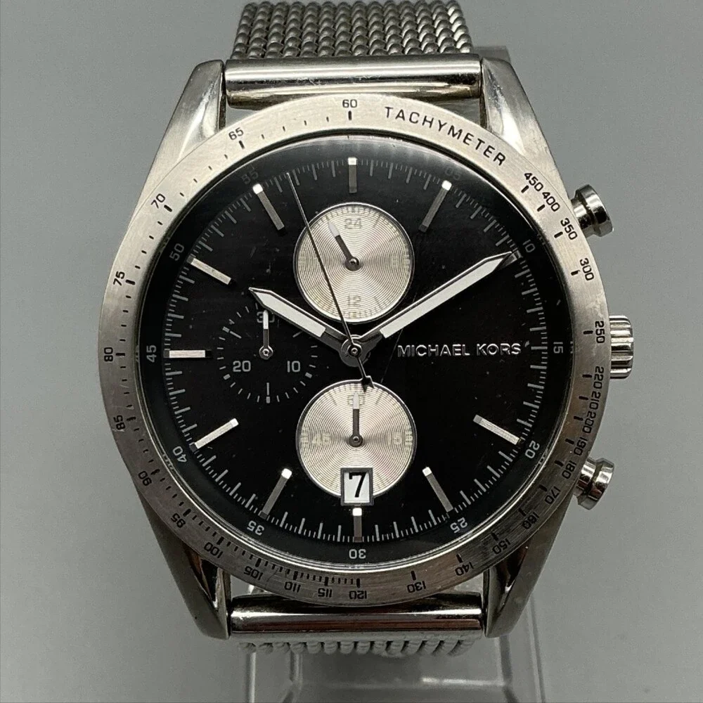 Michael Kors MK8838 Mens Watch 42mm Black Dial Silver Tone Chrono Date New Batt
