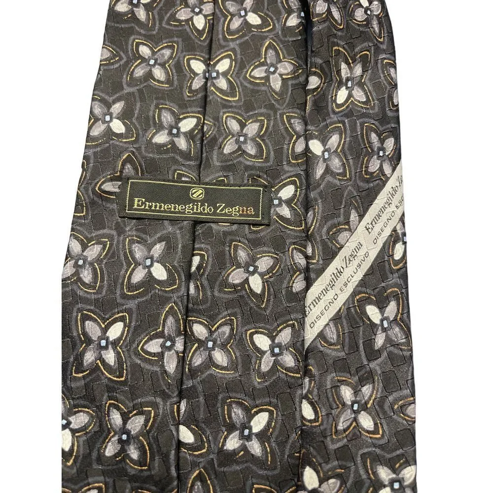 Ermenegildo Zegna Floral Pattern Silk Tie‎ Elegant Gray Business Accessory Z-115