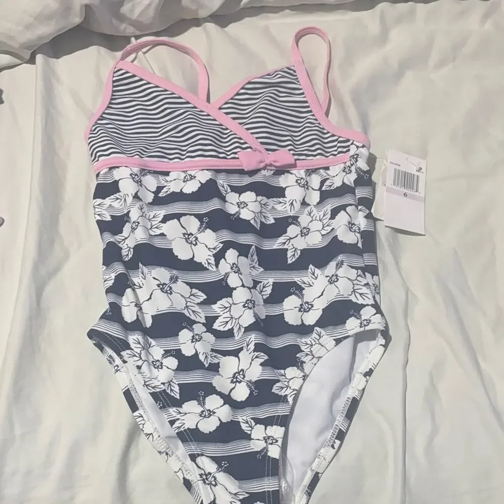 Tommy Bahama 6 Pink white Blue Striped swimsuit swim floral overlay print NWT