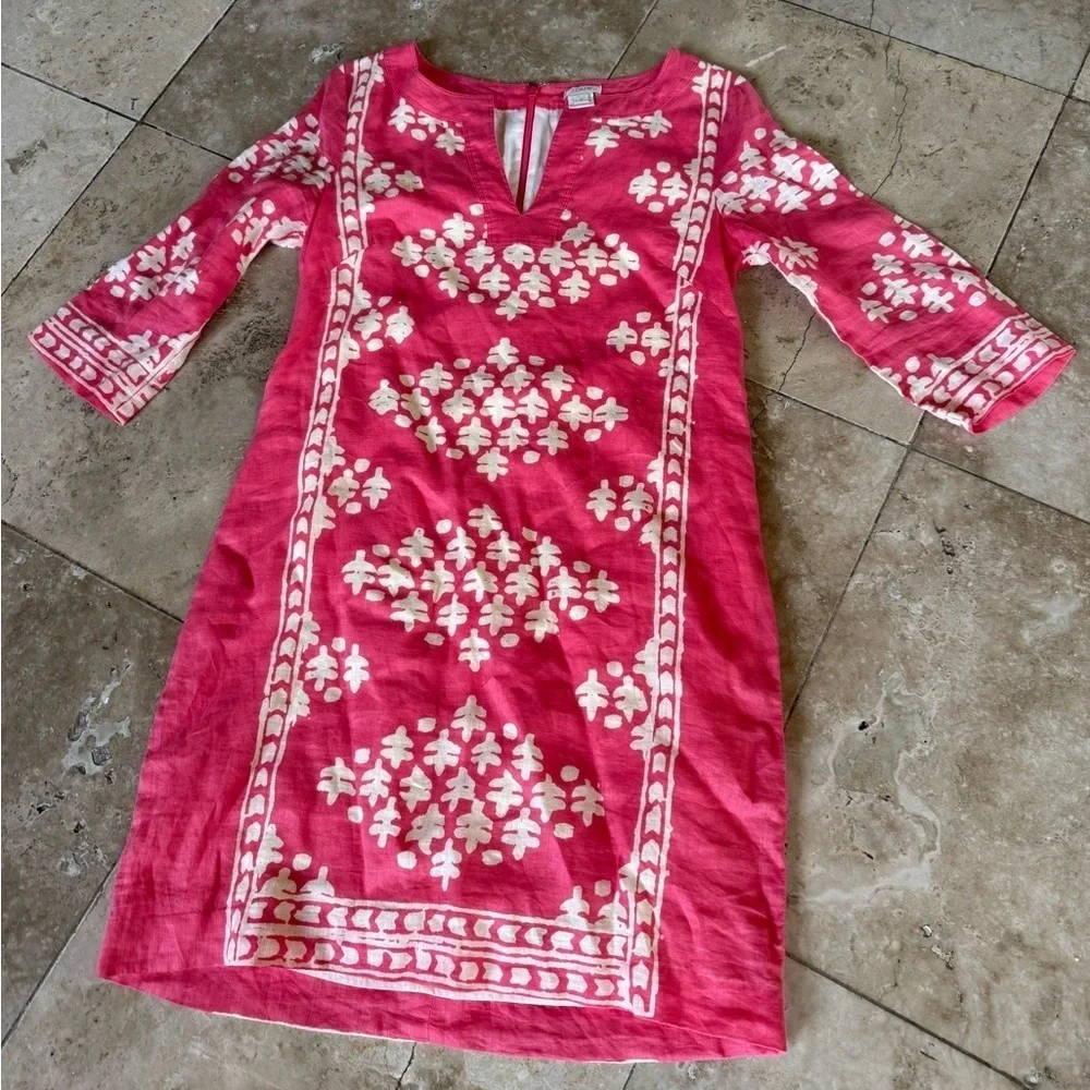 J.Crew coral pink/peach and beige, batik print, tunic style shift dress 2