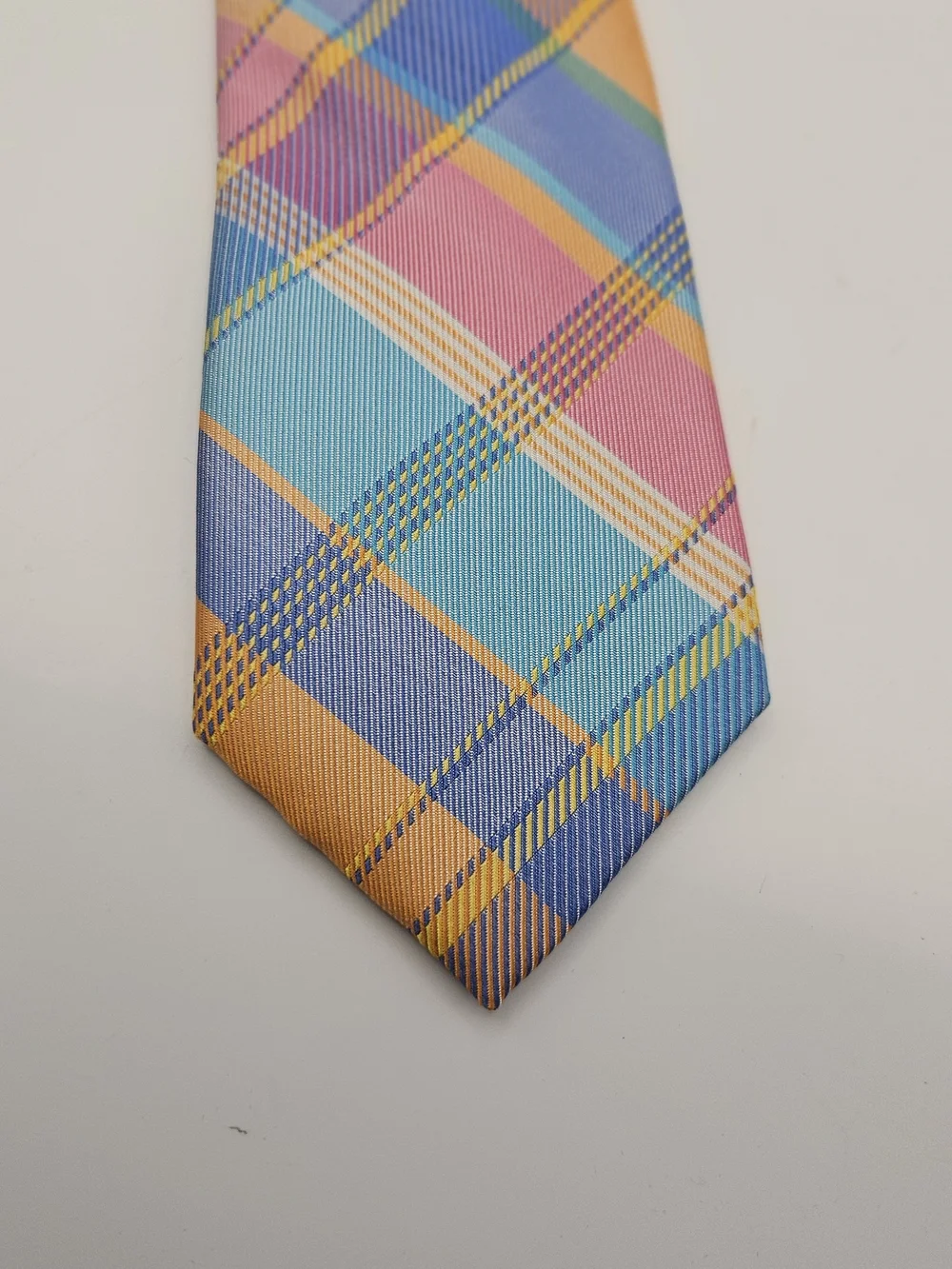 Izod Plaid Multicolor Men's Necktie - Blue, Pink & Orange #4139
