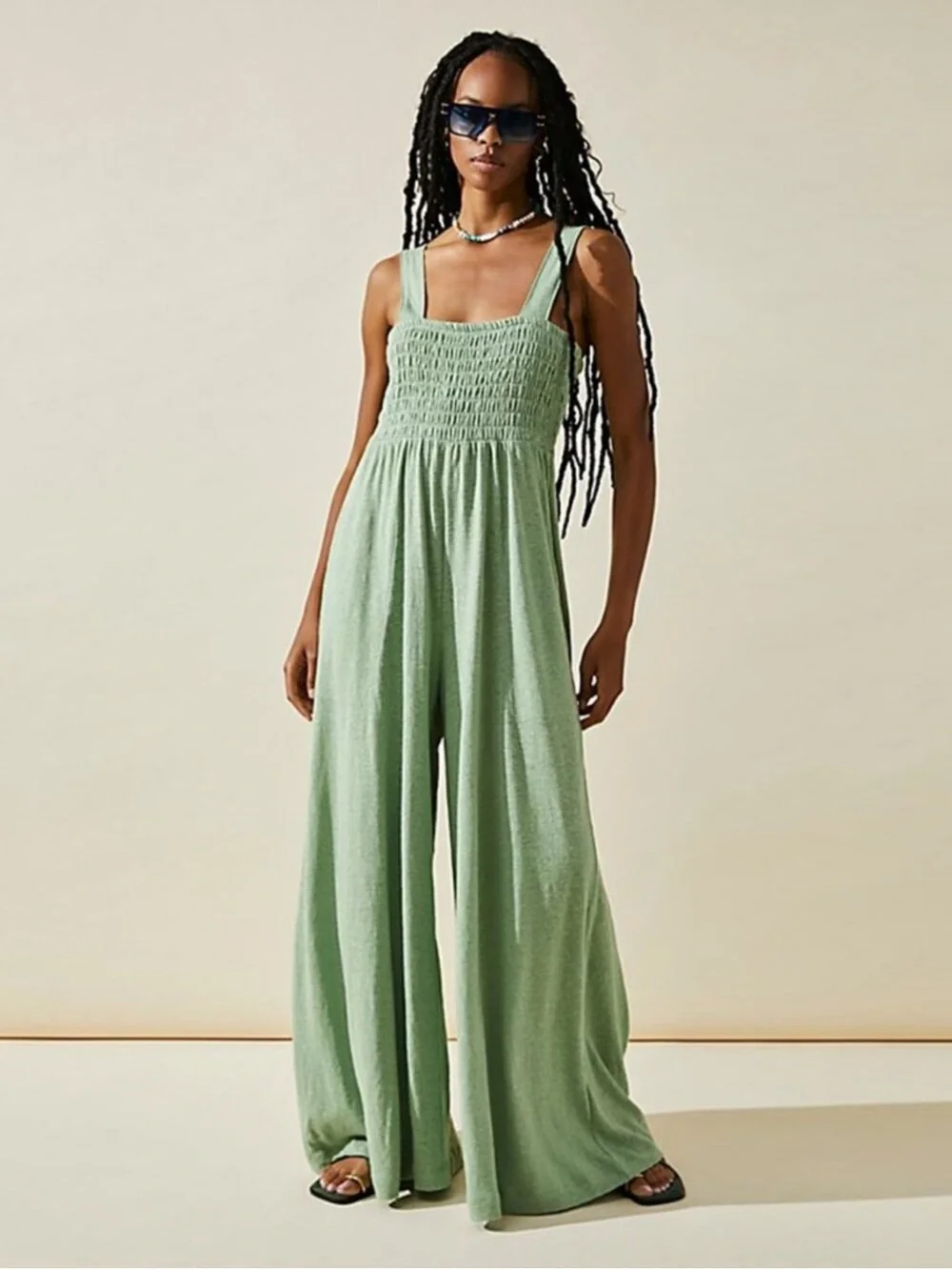 Free People Homecoming Smocked Wide-Leg Jumpsuit in Sage Green