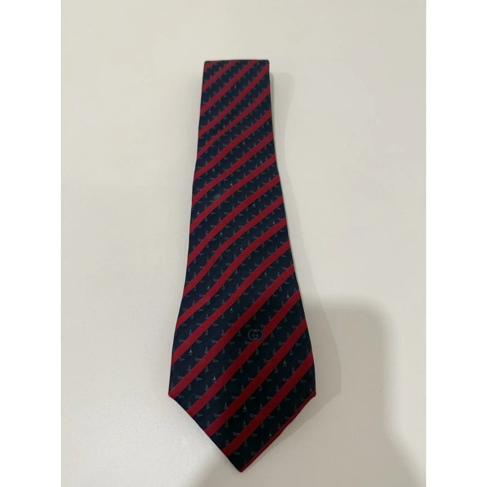 Vintage Kids Gucci Silk Necktie Dark Navy Red Diagonal Stripe Pattern 3.5